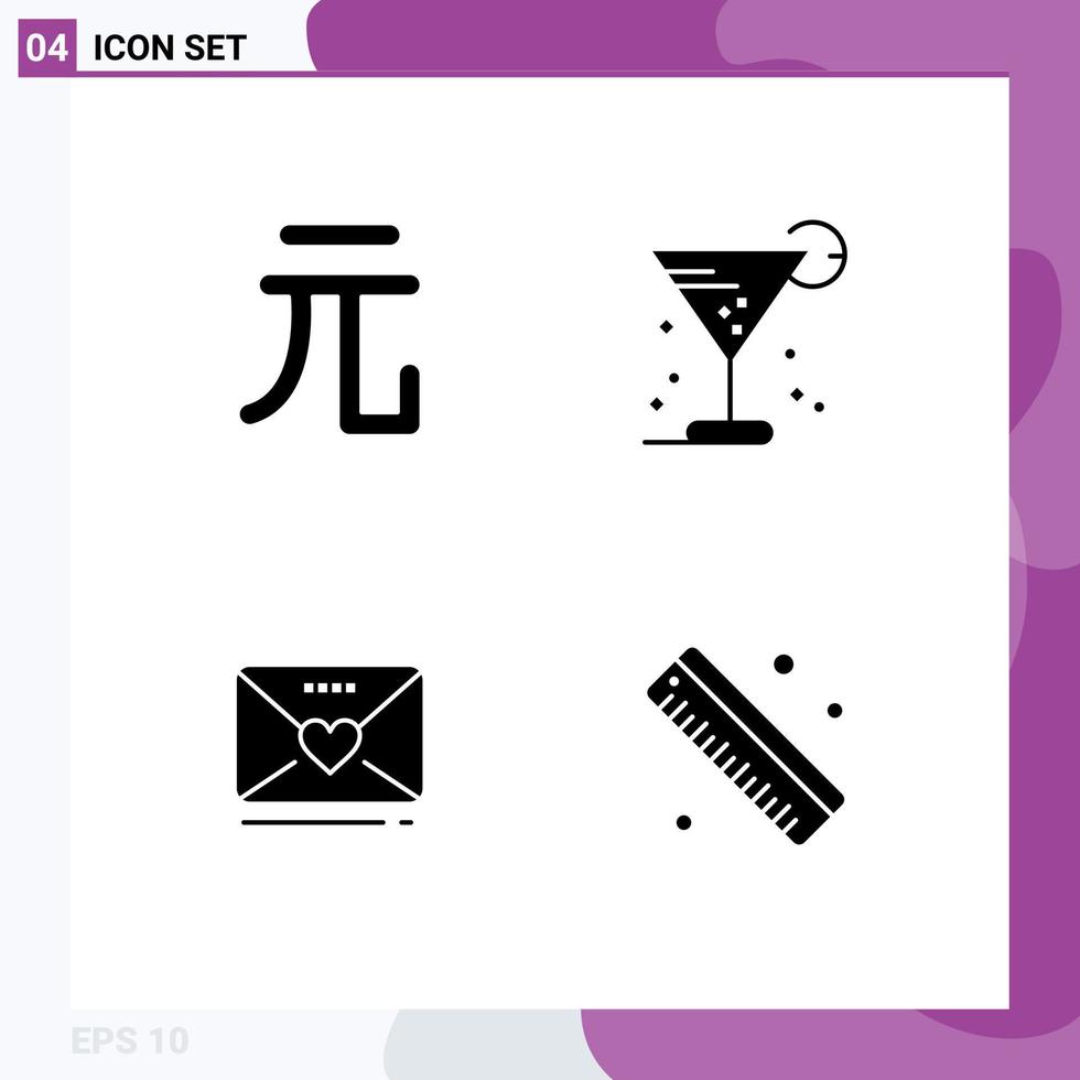 grupo de símbolos de ícone universal de 4 glifos sólidos modernos de moeda, amor, bebida, coração de gelo, elementos de design de vetores editáveis