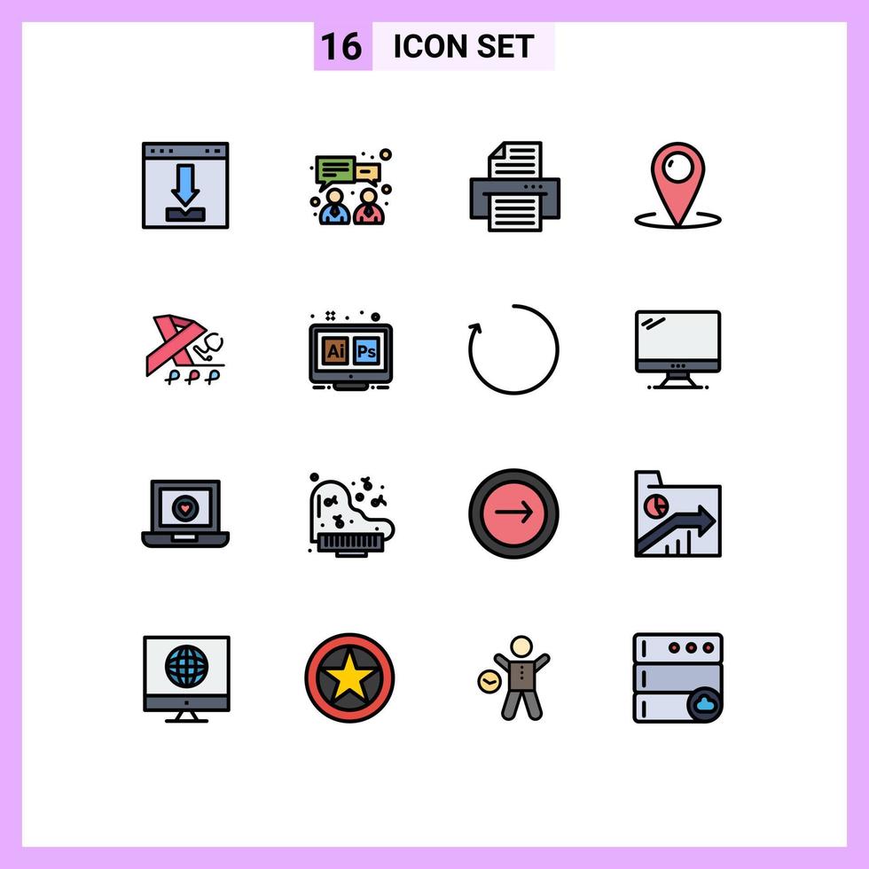 16 interface do usuário pacote de linhas preenchidas com cores planas de sinais e símbolos modernos do dispositivo de serviço de saúde ajudam a entrar em contato com elementos de design de vetores criativos editáveis