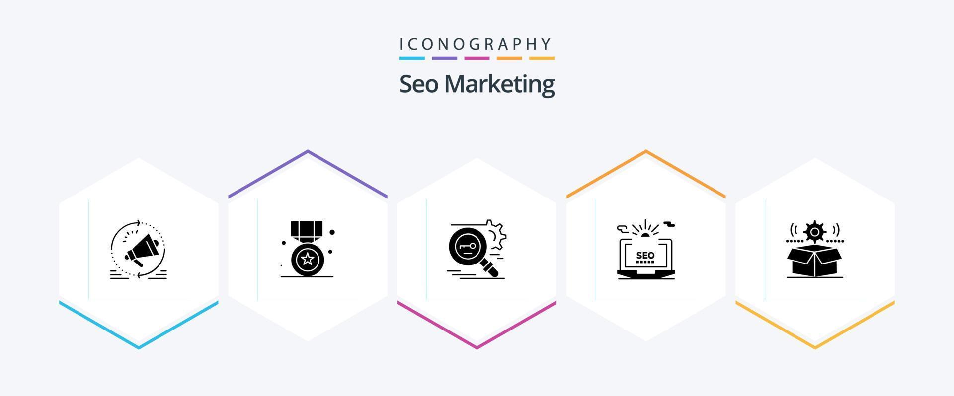 pacote de ícones de 25 glifos de marketing de seo, incluindo configuração. seo. ganhar. segurança. pesquisar vetor