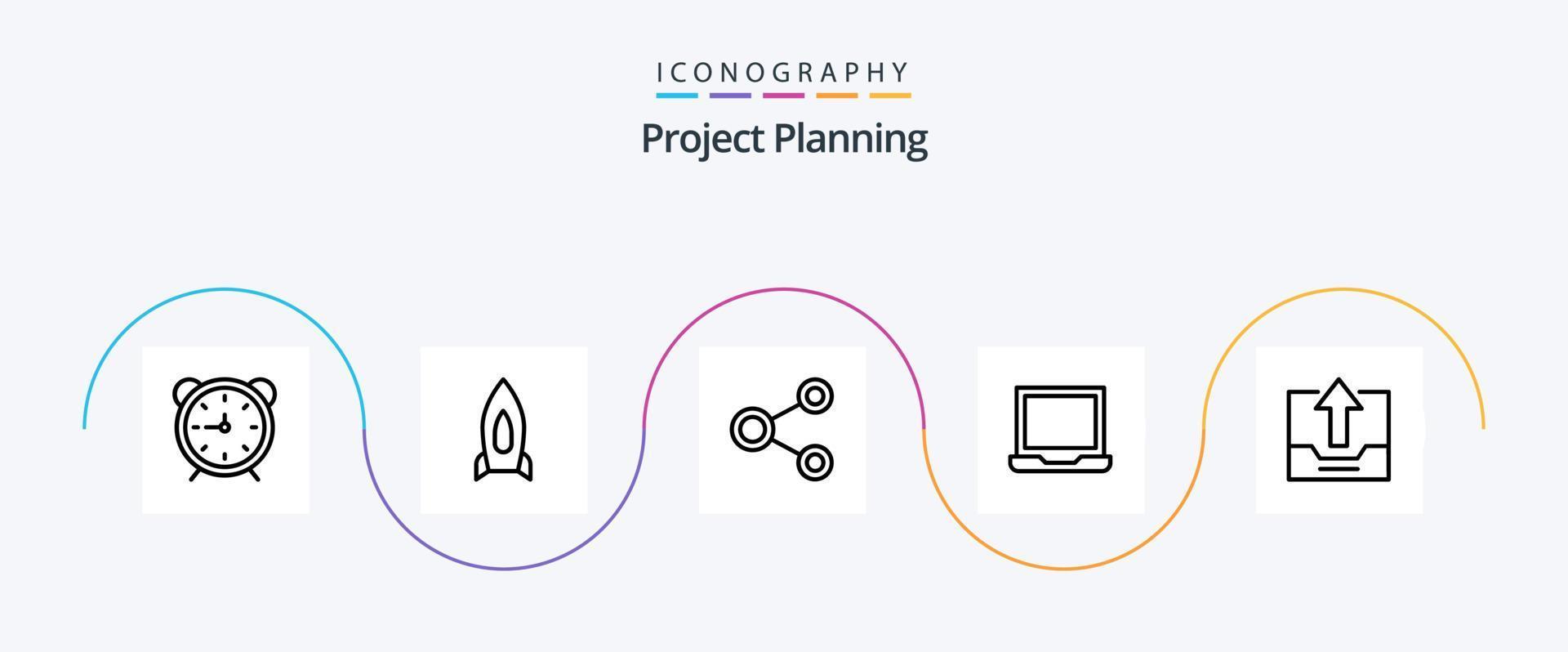 pacote de ícones da linha 5 de planejamento de projeto, incluindo laptop. computador. comece. social. rede vetor