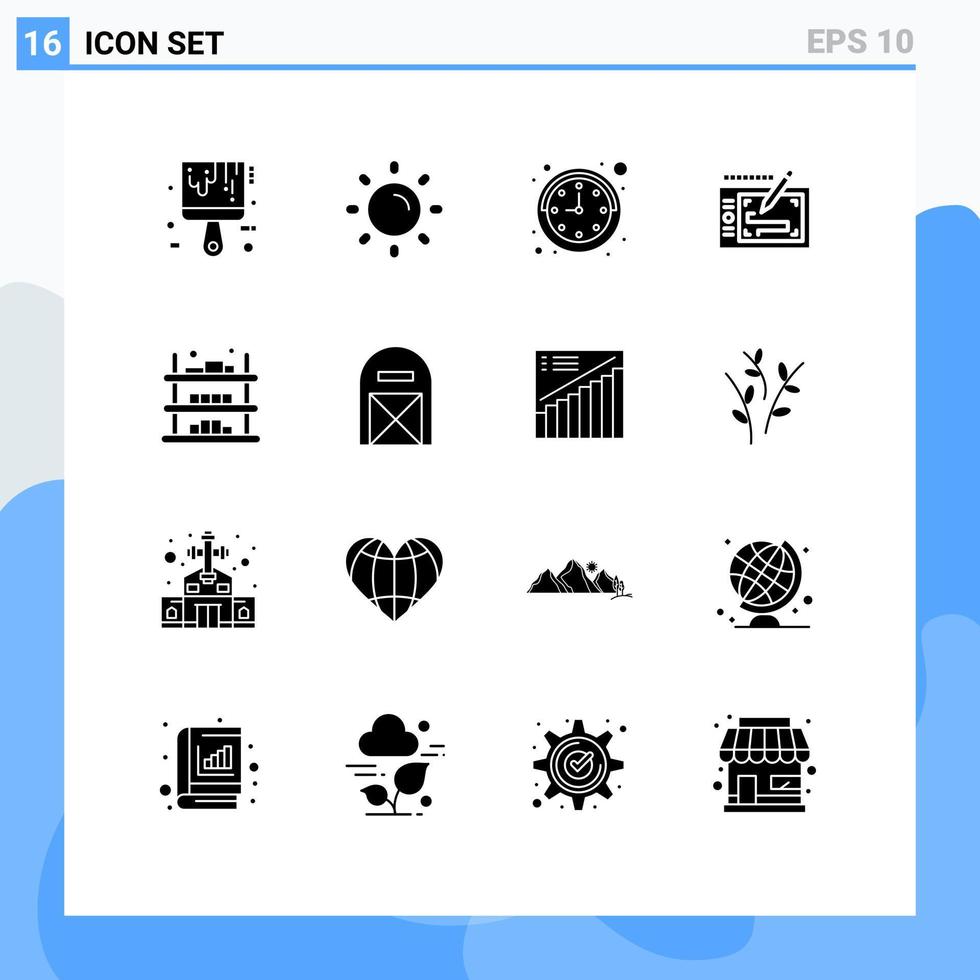 16 glifos sólidos universais definidos para aplicações web e móveis jangada comprar layout de relógio elementos de design de vetores editáveis móveis