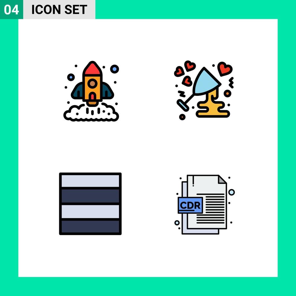 pacote de 4 cores planas criativas de linha preenchida de foguete de vinho de negócios celebram elementos de design de vetores editáveis de wireframe