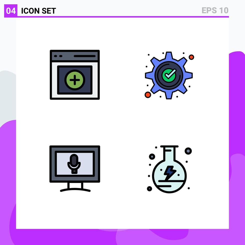 pacote de 4 sinais e símbolos modernos de cores planas de linha preenchida para mídia impressa na web, como monitor de comunicação, verificação do usuário, microfone, elementos editáveis de design vetorial vetor
