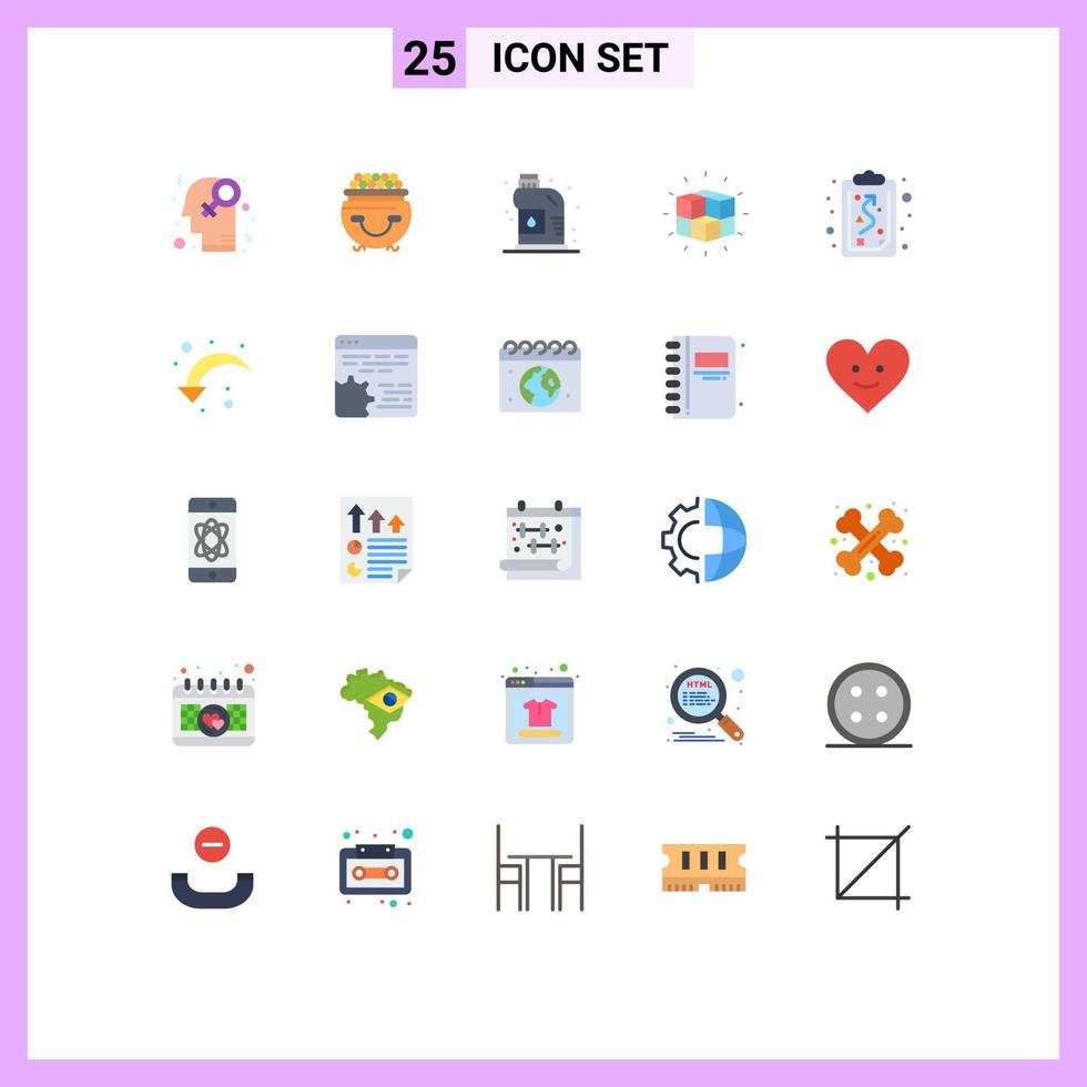 conjunto de cores planas de interface móvel de 25 pictogramas de cubo de quebra-cabeça pote labirinto encanamento elementos de design de vetores editáveis
