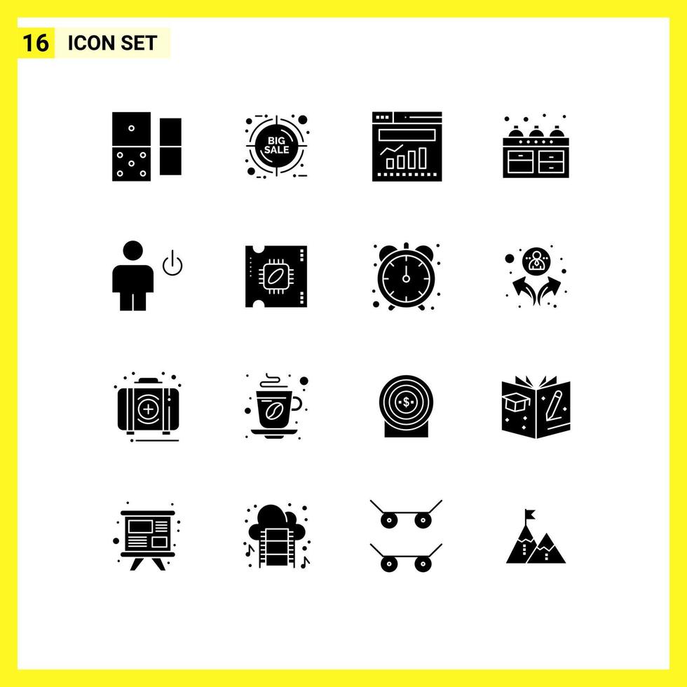 conjunto moderno de 16 glifos e símbolos sólidos, como gráfico de avatar de energia, forno, chaleira, elementos de design vetorial editáveis vetor