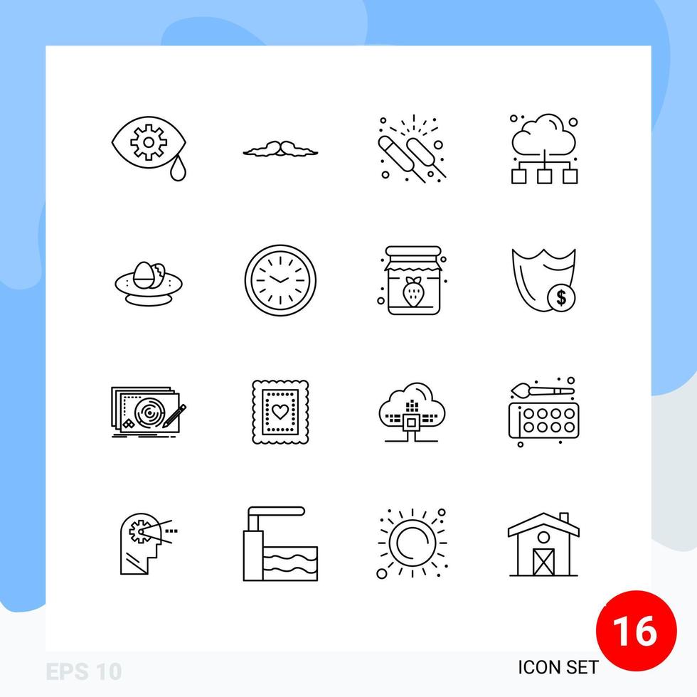 pacote de 16 sinais e símbolos de contornos modernos para mídia impressa na web, como elementos de design de vetores editáveis de rede de celebração on-line de tigela