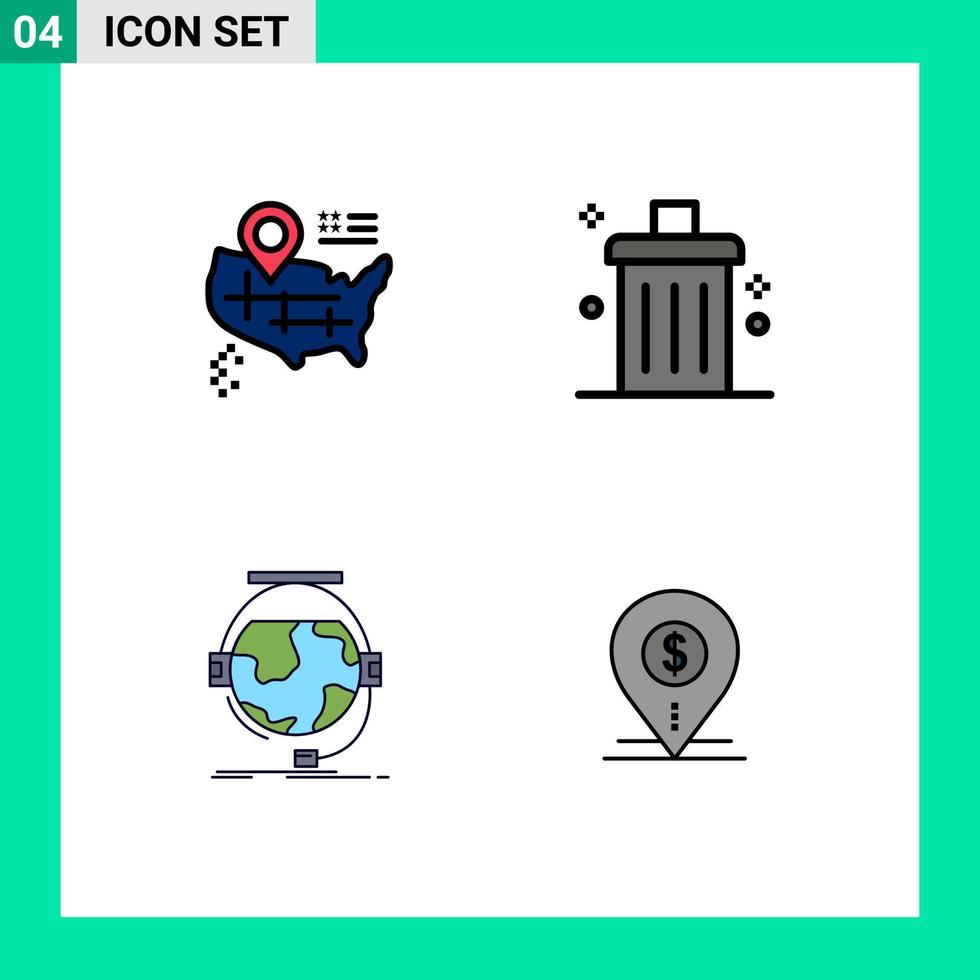 grupo de símbolos de ícone universal de 4 cores planas de linha preenchida modernas de lixo de educação de localização lixo e aprendizagem de elementos de design de vetores editáveis