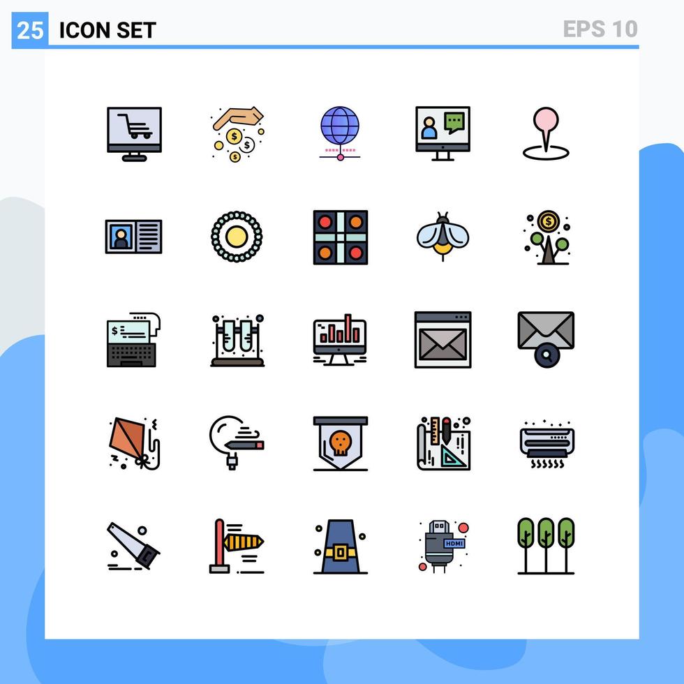 pacote de cores planas de linha preenchida de 25 símbolos universais de localização, globo on-line, comunicação com o cliente, elementos de design de vetores editáveis