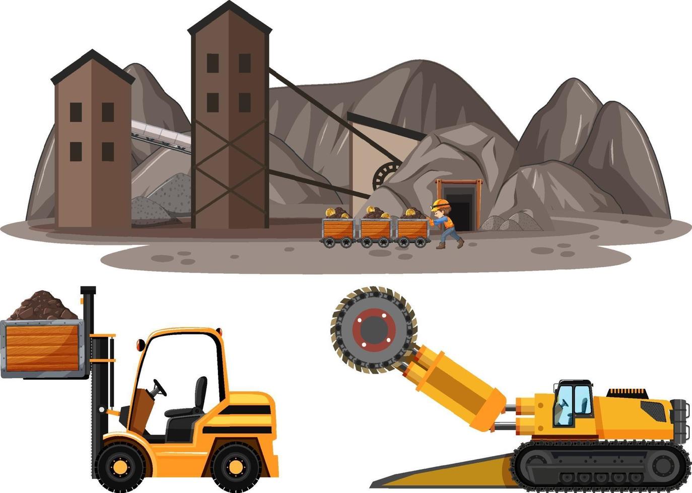 cena de mineração de carvão com diferentes tipos de caminhões de construção vetor