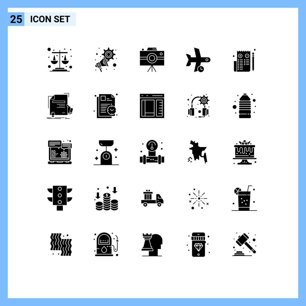 pacote de 25 sinais e símbolos de glifos sólidos modernos para mídia de impressão na web, como elementos de design de vetores editáveis de transporte de câmera manual de edição