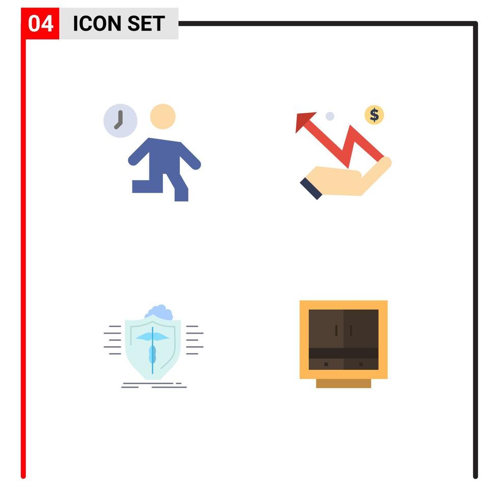 grupo de 4 ícones planos modernos definidos para gráficos de pessoas de seguro de relógio gráfico de elementos de design de vetor médico editável
