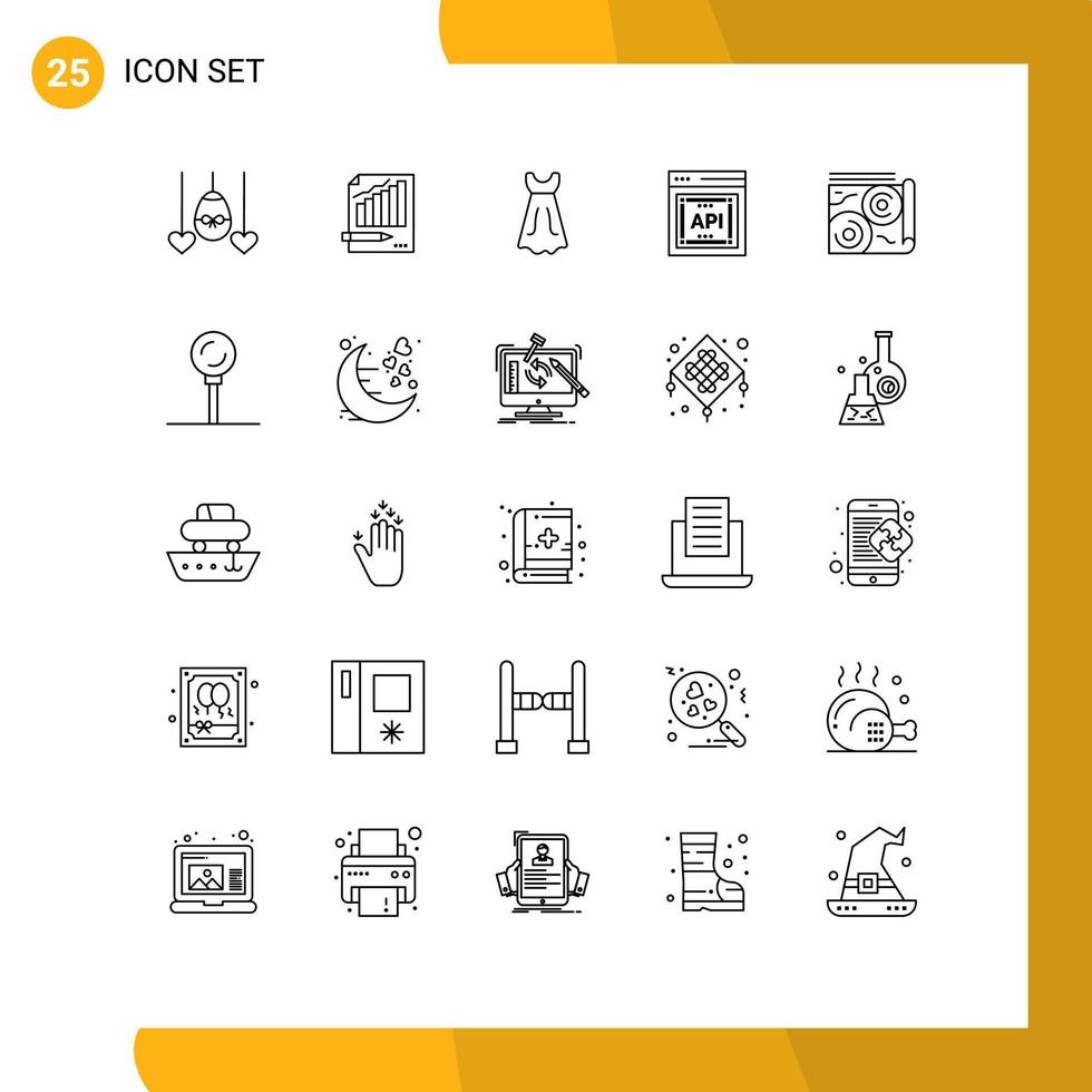 pacote de linha de 25 símbolos universais de gráfico de conceito de software api menina api elementos de design de vetores editáveis