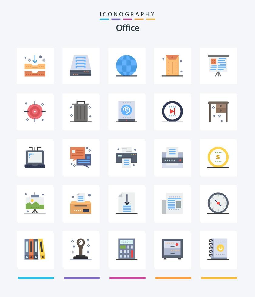 pacote de ícones planos de escritório criativo 25, como lixeira. alvo. negócios. escritório. gráfico vetor