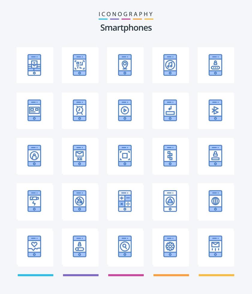 smartphones criativos 25 pacote de ícones azuis, como social. música. tecnologia. meios de comunicação. sinais vetor