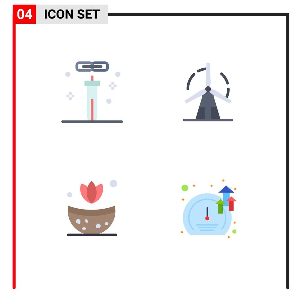 pacote de ícones planos de 4 símbolos universais de biologia, moinho de vento, laboratório, energia, spa, elementos de design vetorial editáveis vetor