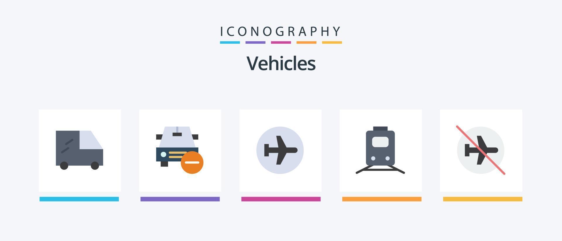 veículos flat 5 icon pack incluindo aeroporto. transporte. avião. trem. trilho. design de ícones criativos vetor