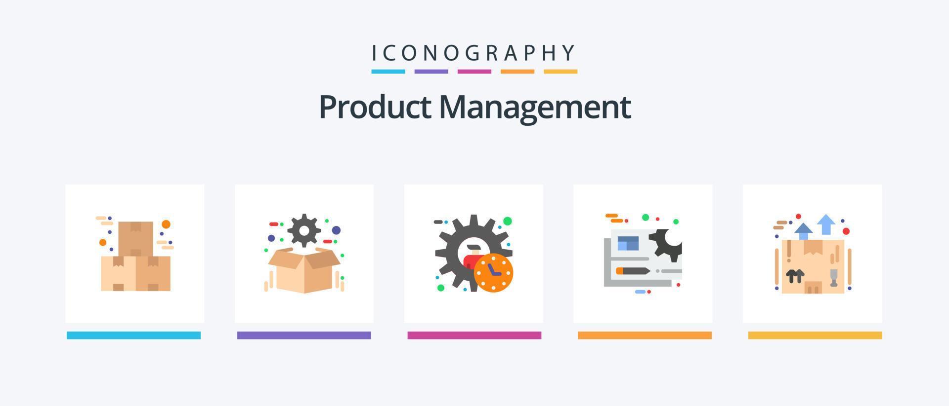 pacote de ícones plano de gerenciamento de produtos 5, incluindo equipamento. documento. pacote. tempo. gerente. design de ícones criativos vetor