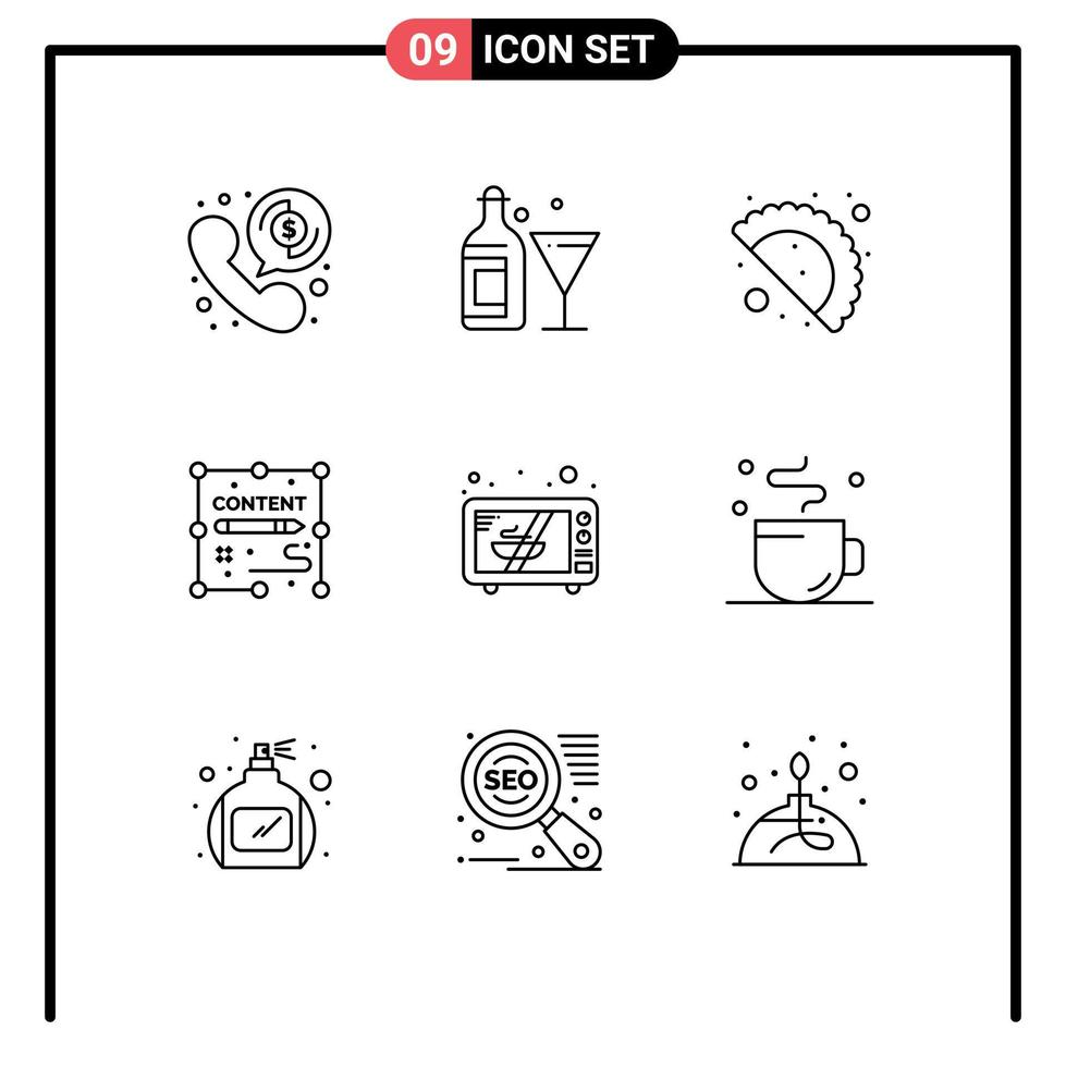 pacote de ícones vetoriais de estoque de sinais e símbolos de 9 linhas para documentos de design de alimentos eletrônicos de forno elementos de design vetorial editáveis vetor