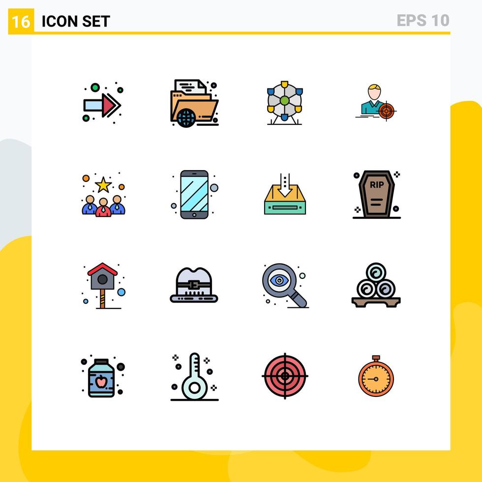 conjunto de linha preenchida de cor plana de interface móvel de 16 pictogramas de candidatos objetivo homem alvo online elementos de design de vetor criativo editáveis
