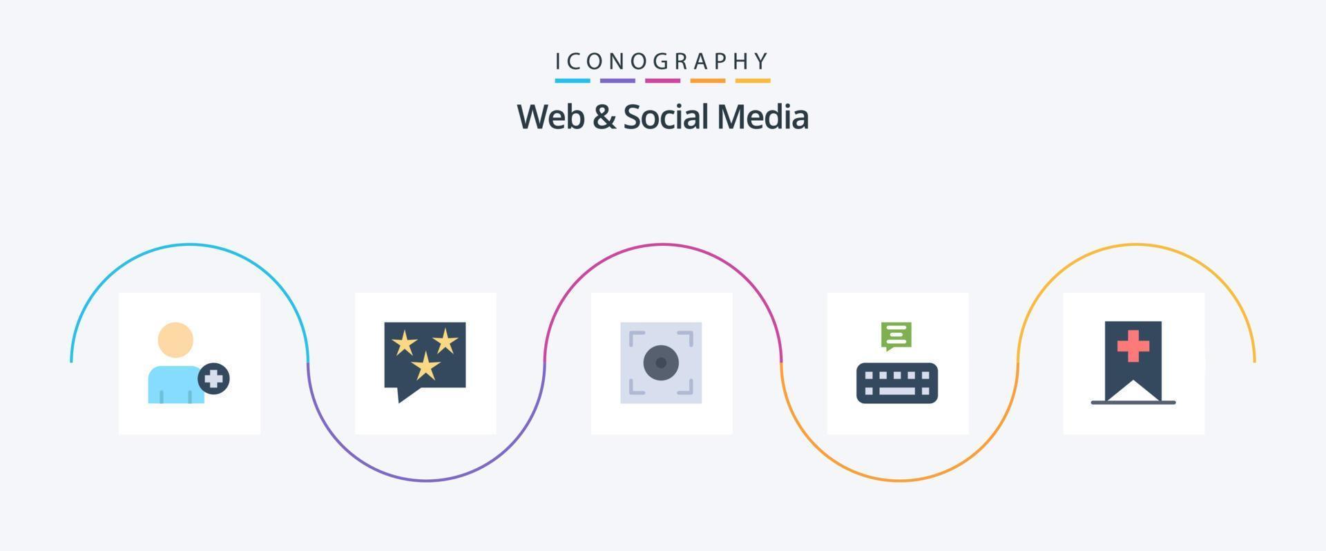 web e mídia social flat 5 icon pack incluindo . mais. cinema. marcação. bater papo vetor