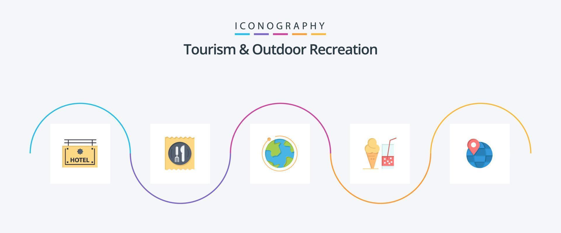 Turismo e recreação ao ar livre Flat 5 Icon Pack incluindo mapa. suco. globo. verão. bebida vetor