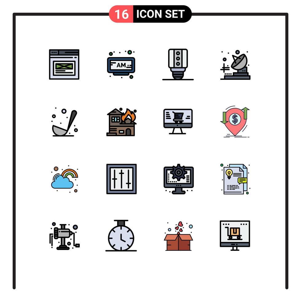 pacote de interface do usuário de 16 linhas básicas cheias de cores planas de elementos de design de vetor criativo editáveis de rádio de transmissor de tempo de cozimento de cozinha