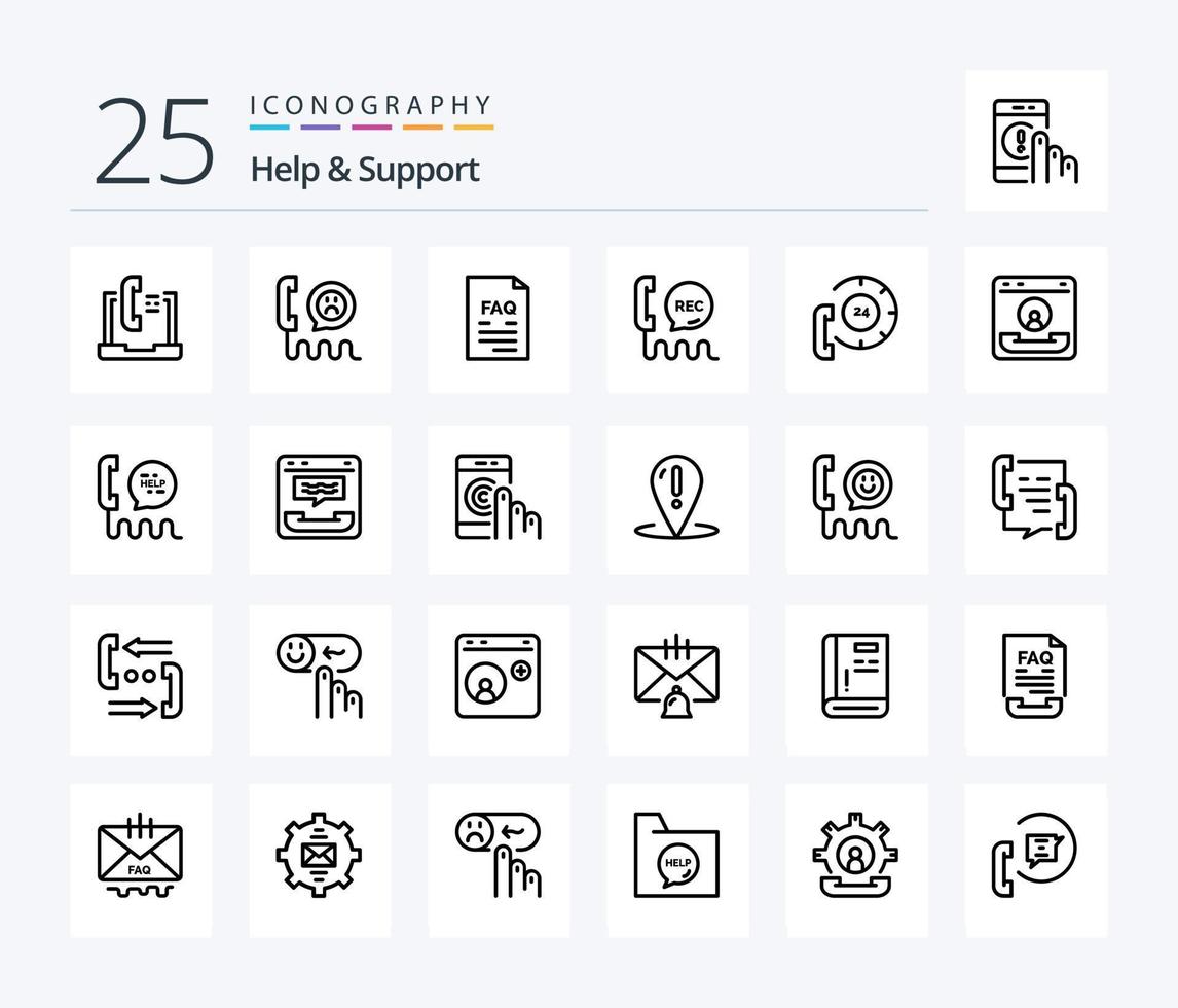 ajude e apoie o pacote de ícones de 25 linhas, incluindo comunicação. chamar. telefone. apoiar. arquivo vetor