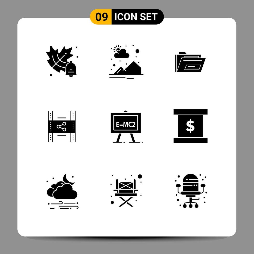 9 interface do usuário pacote de glifos sólidos de sinais e símbolos modernos de fórmula compartilhar arquivo pp filme editável elementos de design vetorial vetor