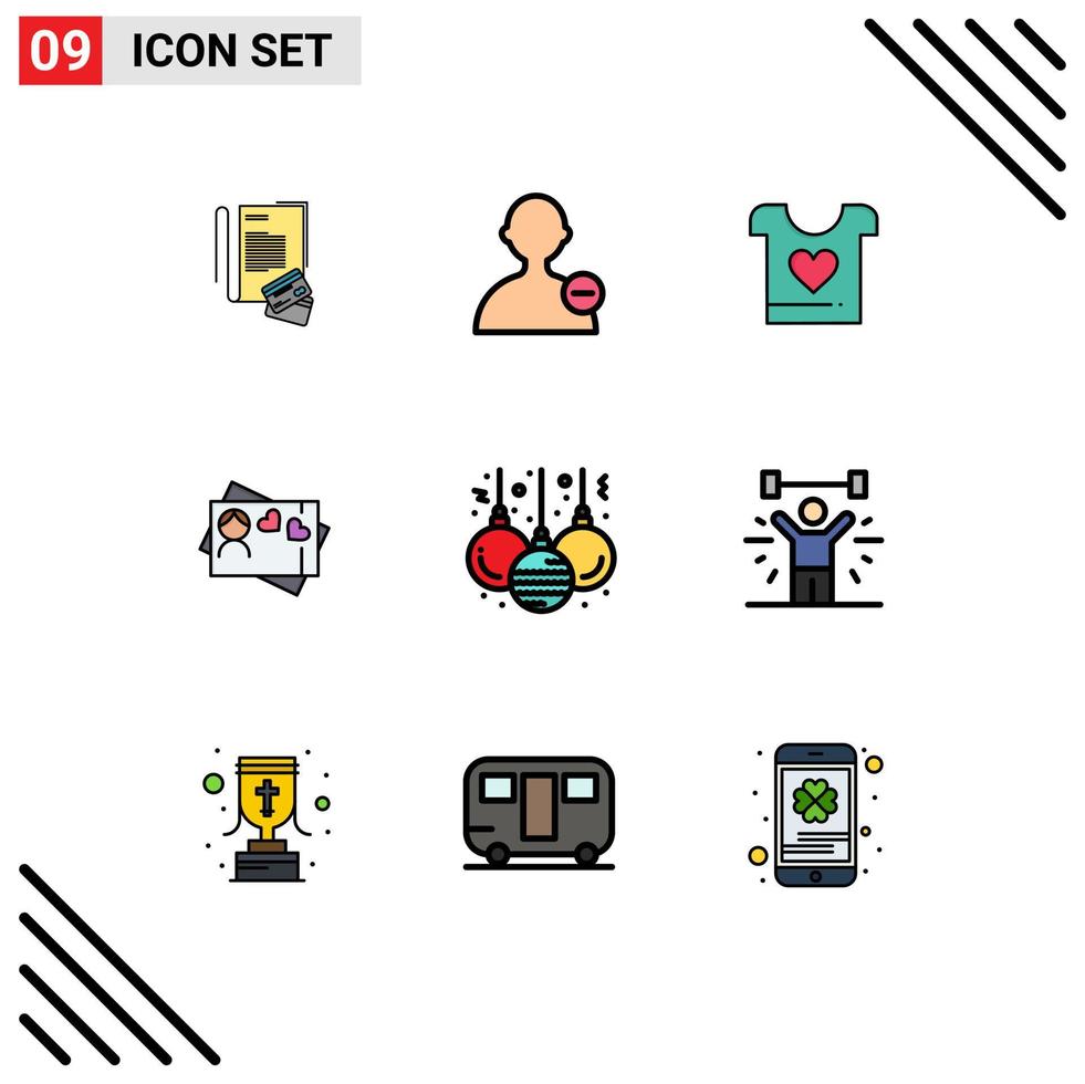 9 interface do usuário pacote de cores planas de linha cheia de sinais e símbolos modernos de fisiculturismo bola de amor de natal amor elementos de design de vetores editáveis