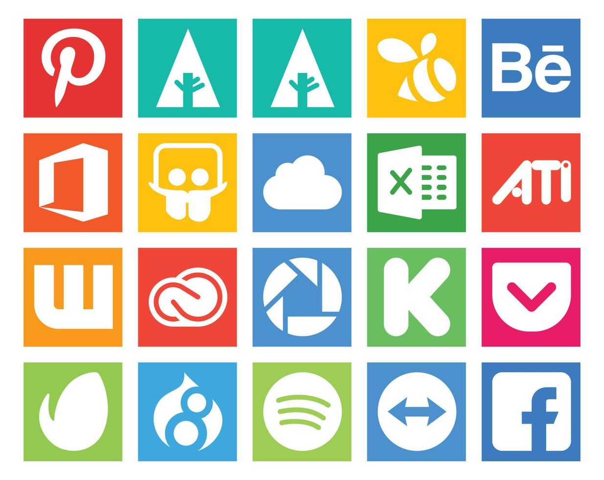 Pacote de 20 ícones de mídia social, incluindo drupal pocket ati kickstarter adobe vetor