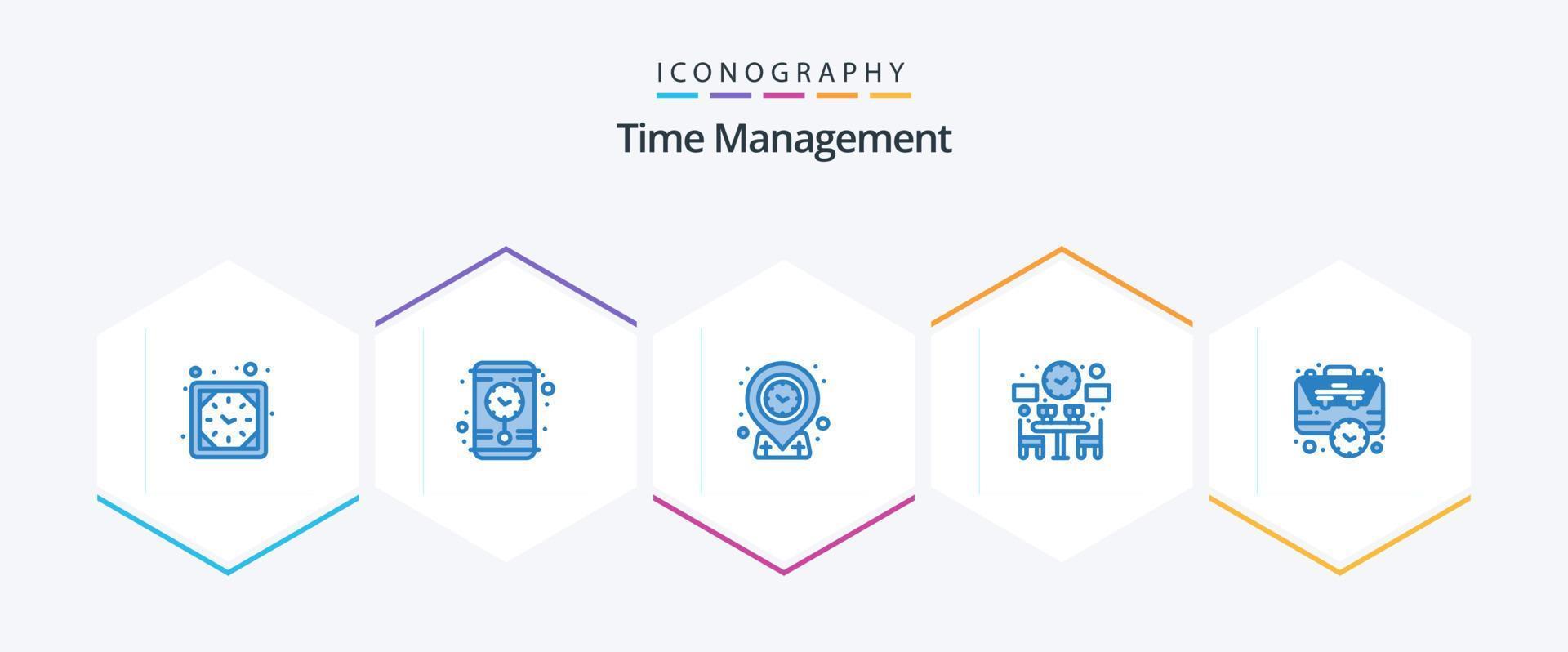 gerenciamento de tempo 25 pacote de ícones azuis, incluindo estojo. bolsa. localização. tempo. jantar vetor