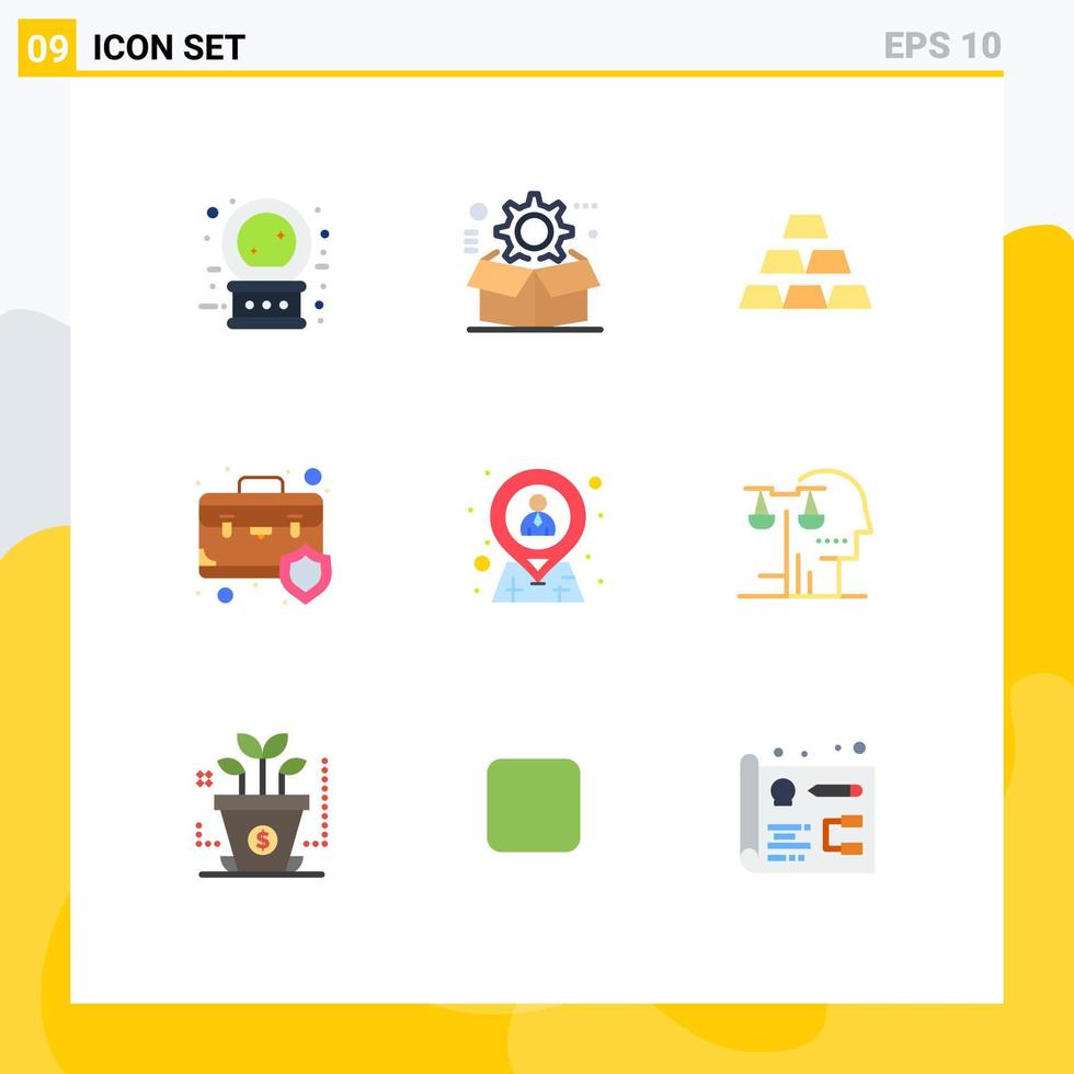 9 símbolos de sinais de cores planas universais de configuração de escudo de proteção maleta empilhar elementos de design de vetores editáveis