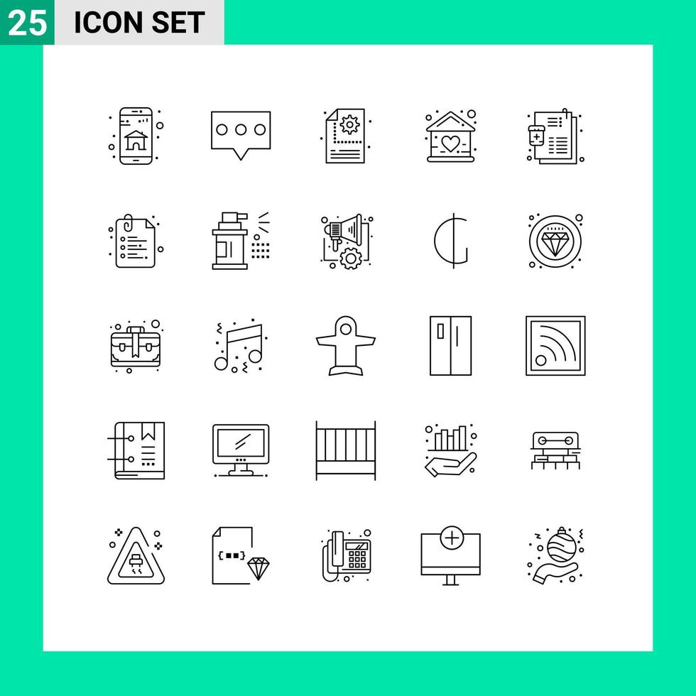 grupo de 25 linhas modernas definidas para processo de casa de lista construção de elementos de design de vetores editáveis