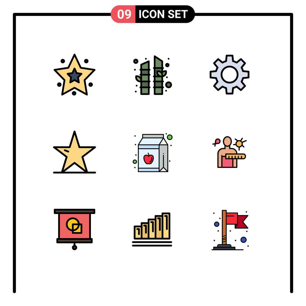 conjunto de 9 sinais de símbolos de ícones de interface do usuário modernos para engrenagem de suco de garrafa maçã natureza estrela elementos de design de vetores editáveis