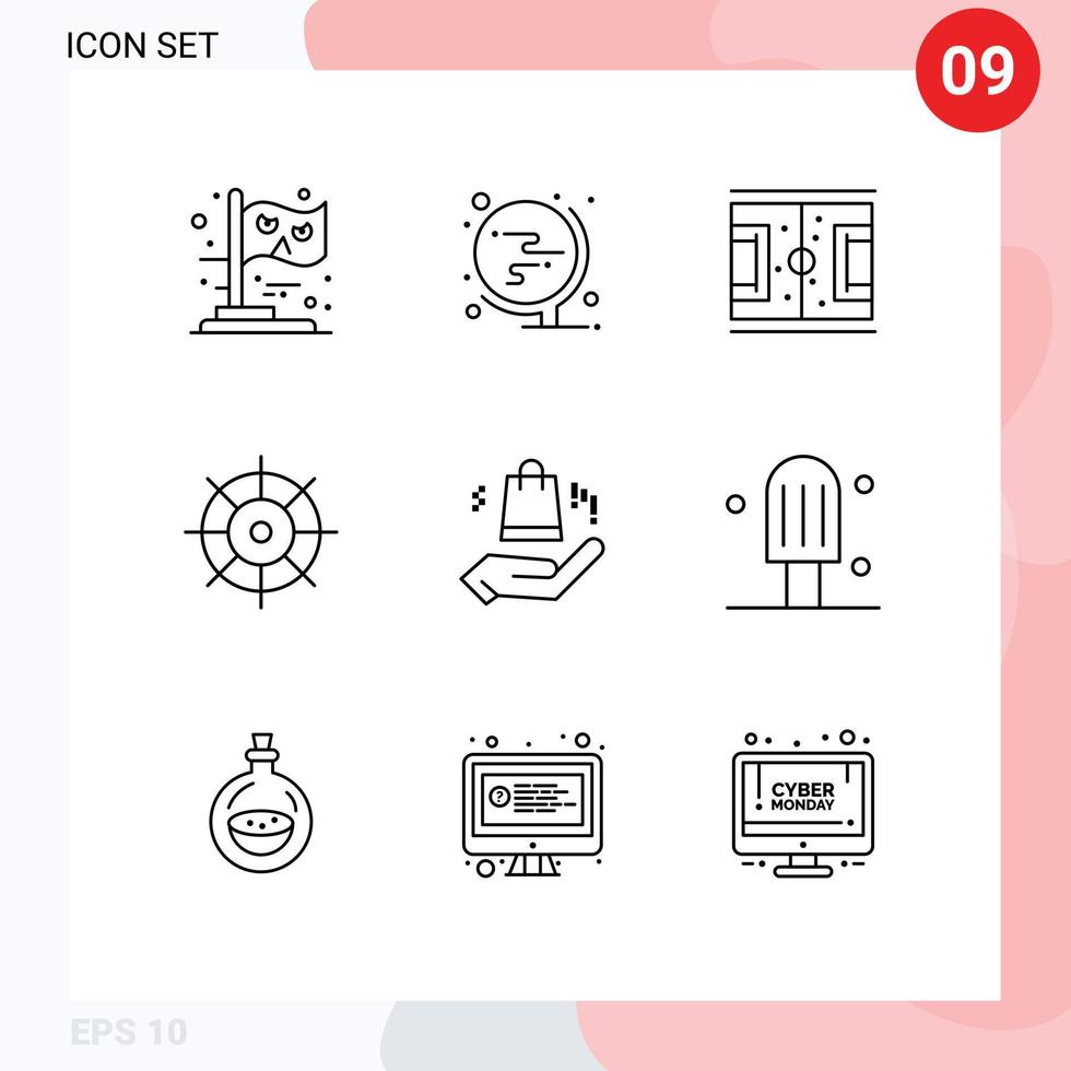 grupo de símbolos de ícone universal de 9 contornos modernos de preferências de bolsa equipamento de futebol combina elementos de design de vetores editáveis