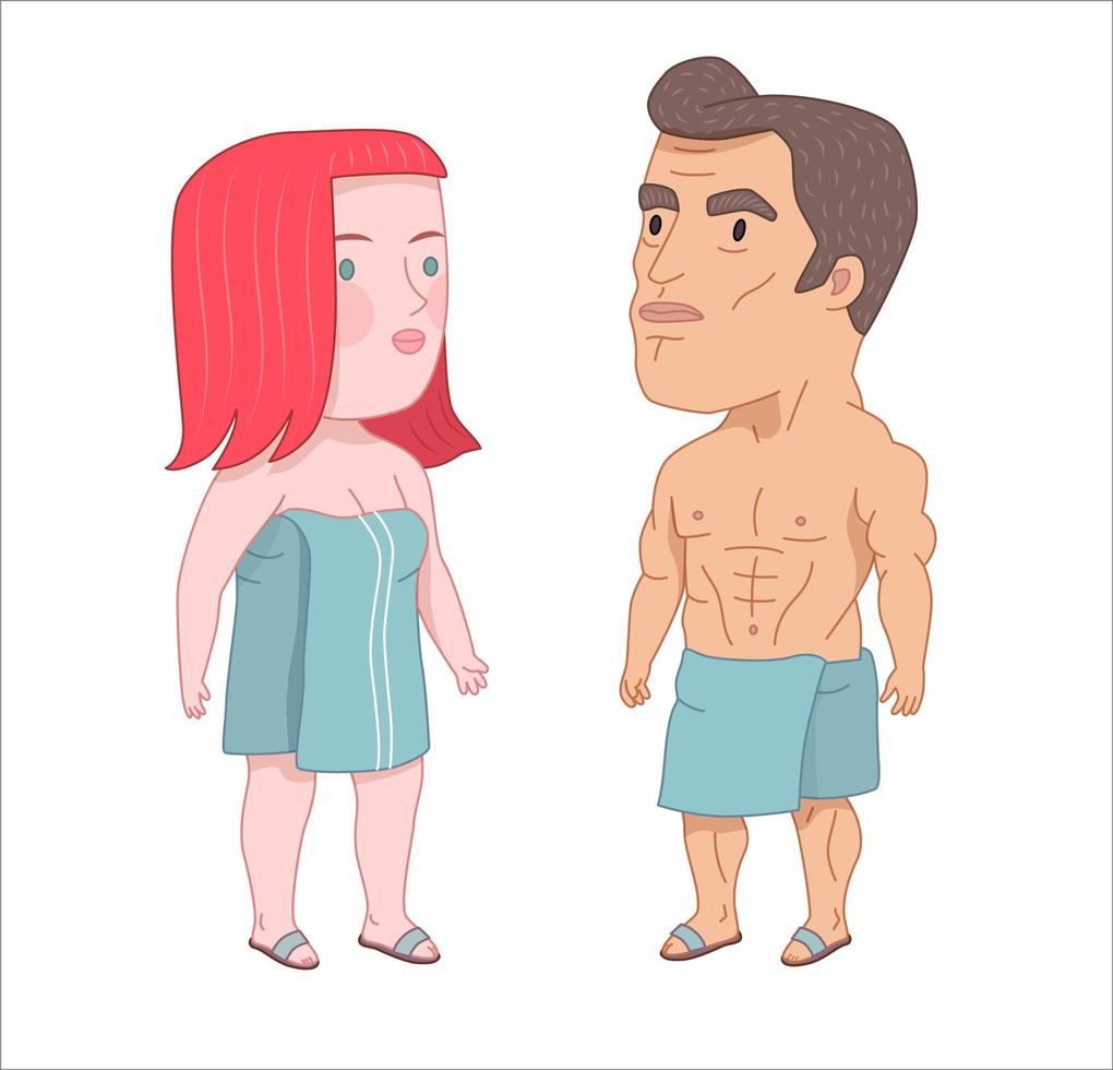 após o banho, um homem e uma mulher ruiva enrolados nas toalhas vetor