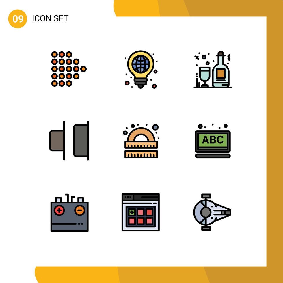 pacote de interface de usuário de 9 cores planas básicas de linhas preenchidas de aprendizagem de desenho de álcool direito de distribuir elementos de design de vetores editáveis