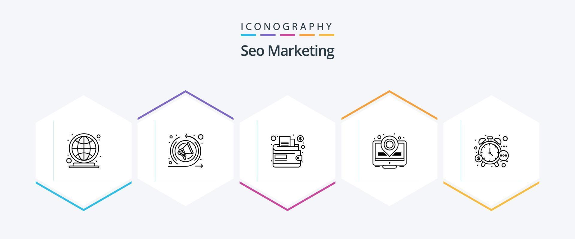 pacote de ícones de 25 linhas de marketing de seo, incluindo relógio. parar. dinheiro. dinheiro. titular do lugar vetor