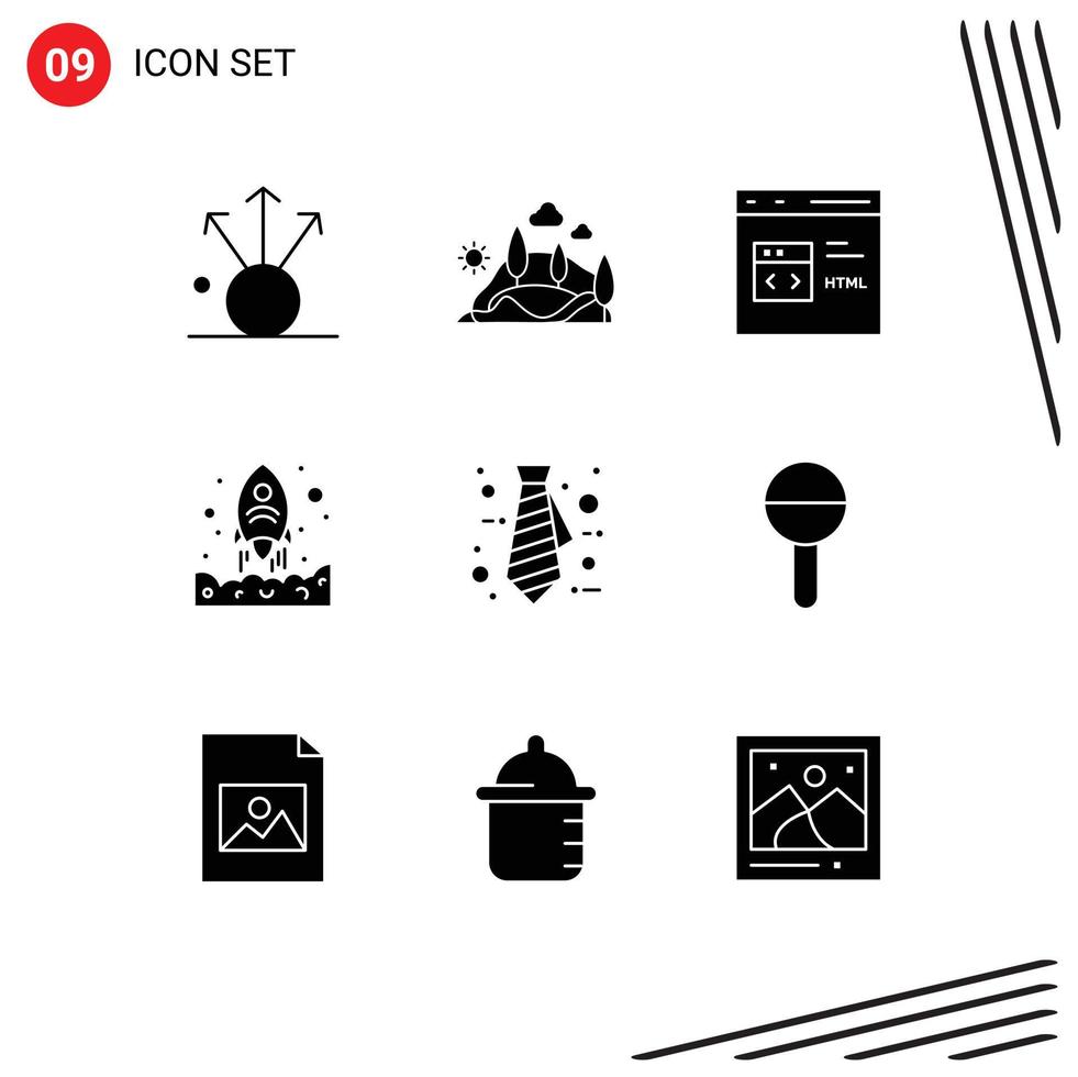conjunto de pictogramas de 9 glifos sólidos simples de elementos de design de vetores editáveis de foguete de código de início de negócios html