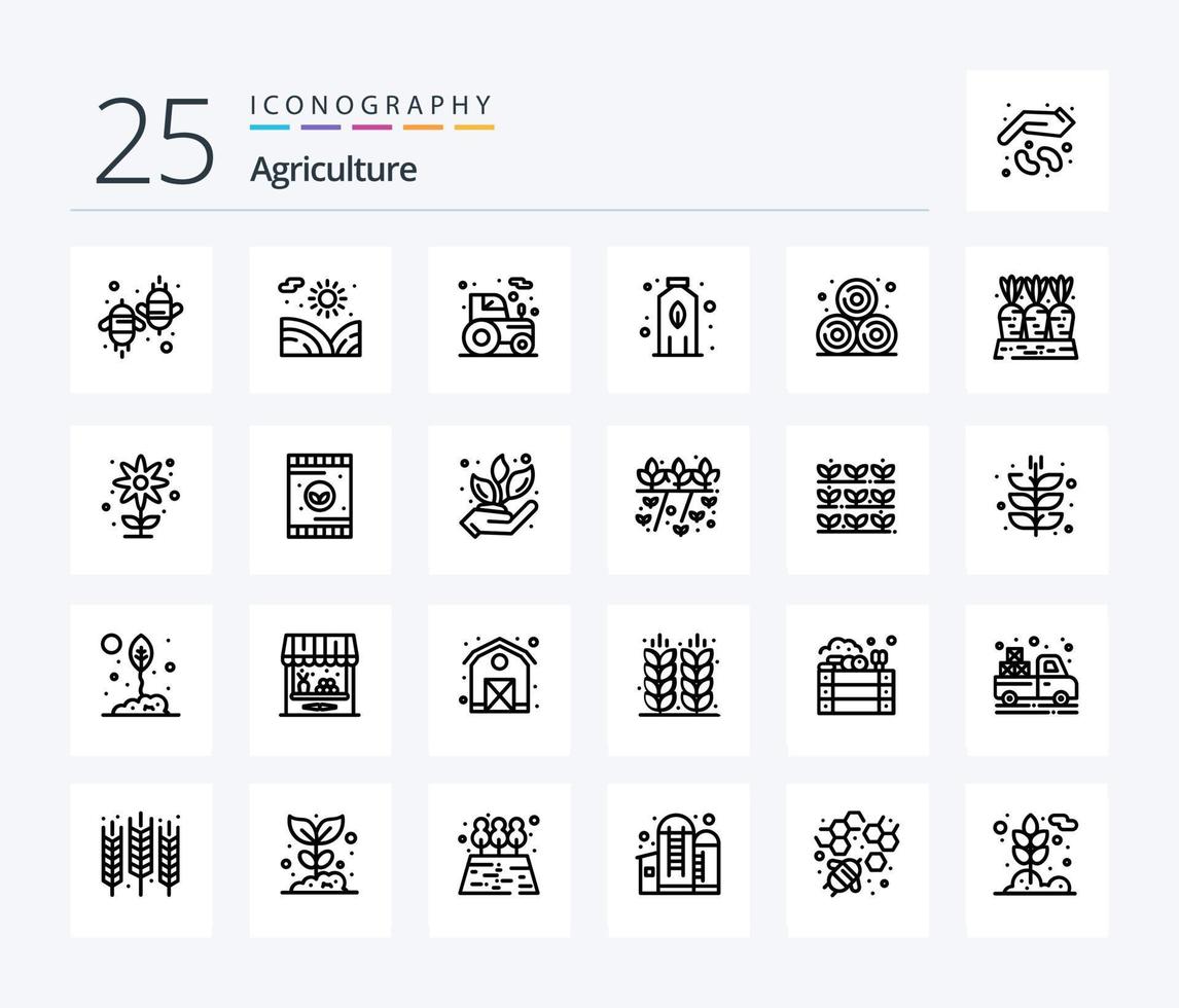 pacote de ícones de 25 linhas de agricultura, incluindo palha. agricultura. água. plantar. trator vetor