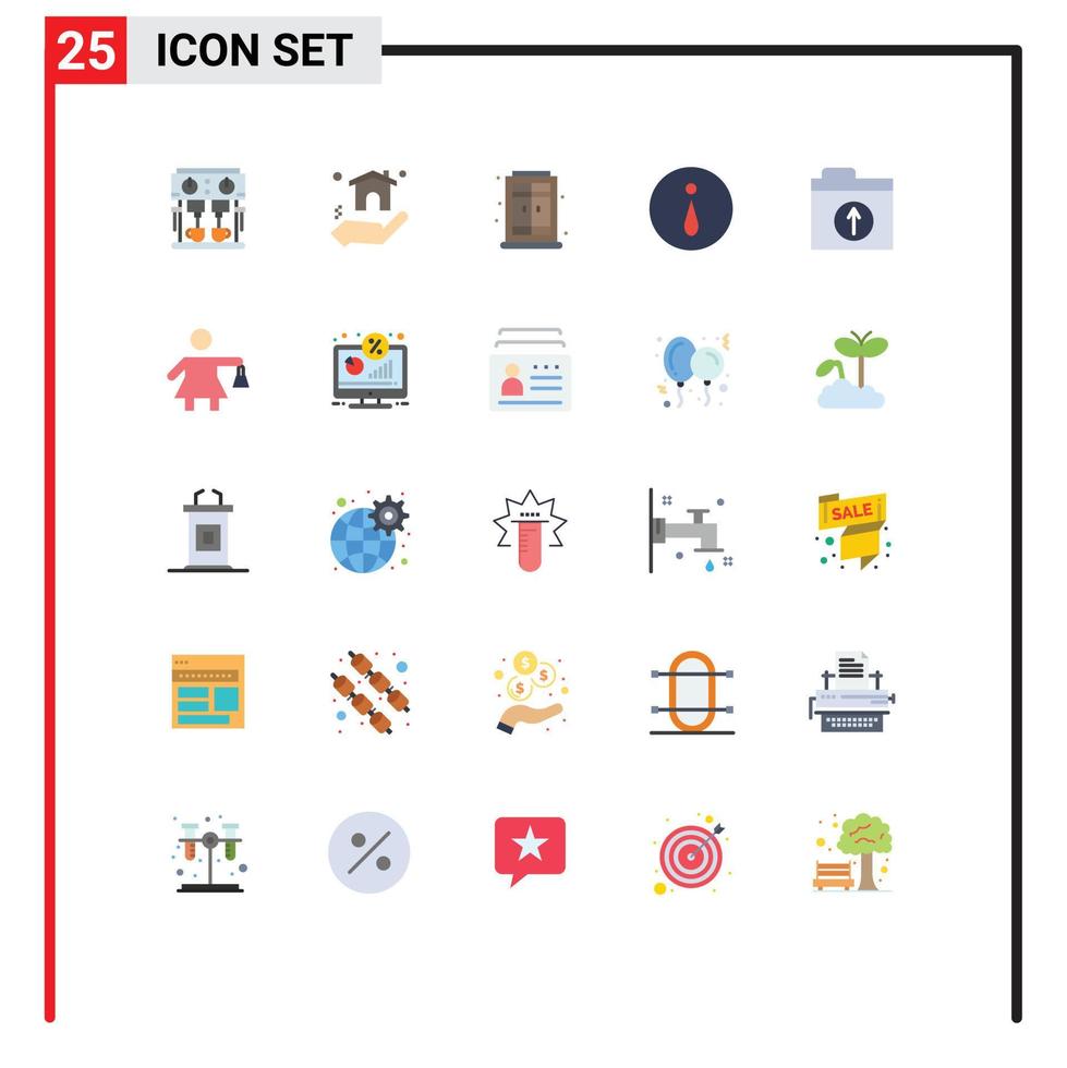 conjunto de cores planas de interface móvel de 25 pictogramas de upload de compras, informações de pastas vivas, elementos de design vetorial editáveis vetor