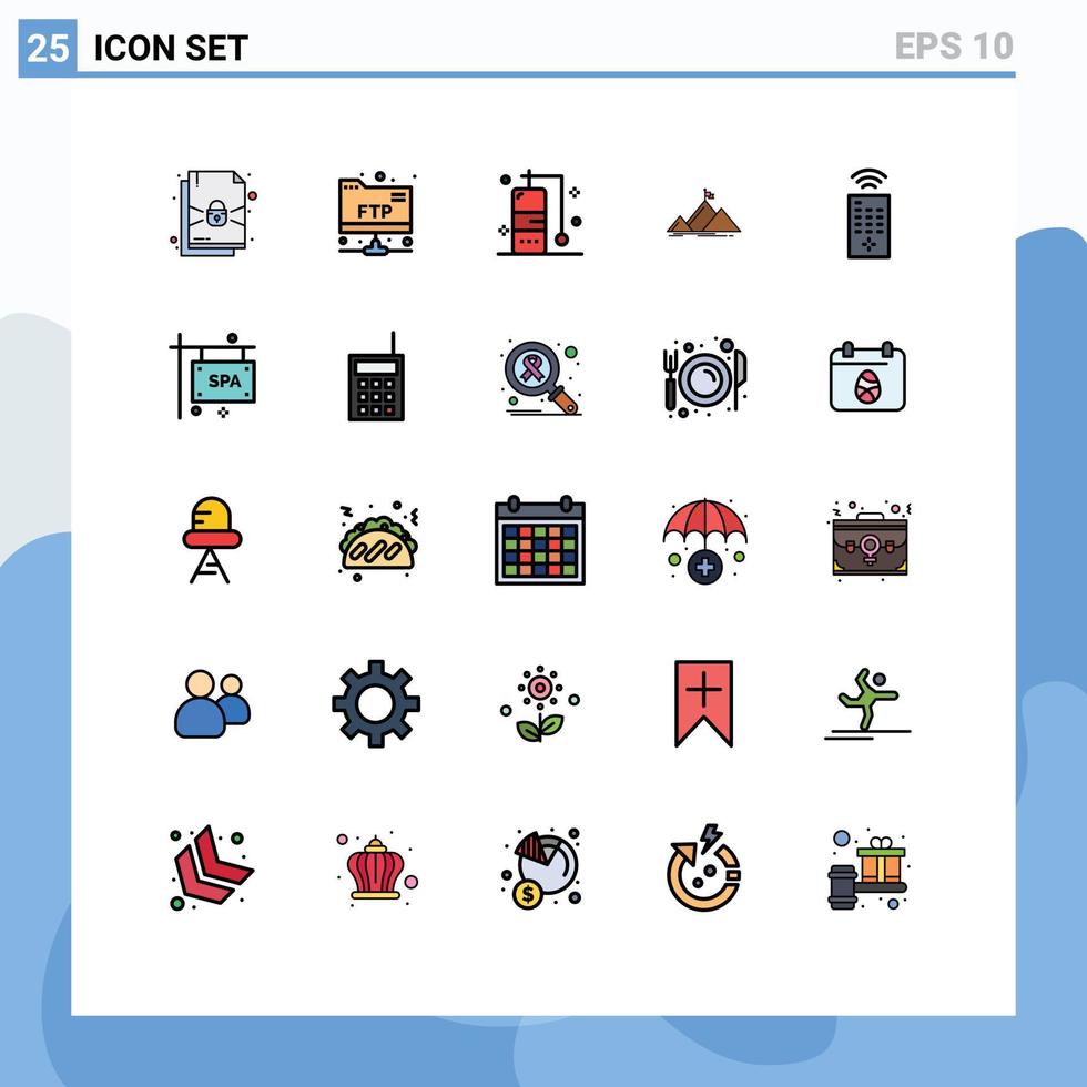 25 interface do usuário linha cheia pacote de cores planas de sinais modernos e símbolos de elementos de design de vetores editáveis de bandeira remota de férias de sinal de tv