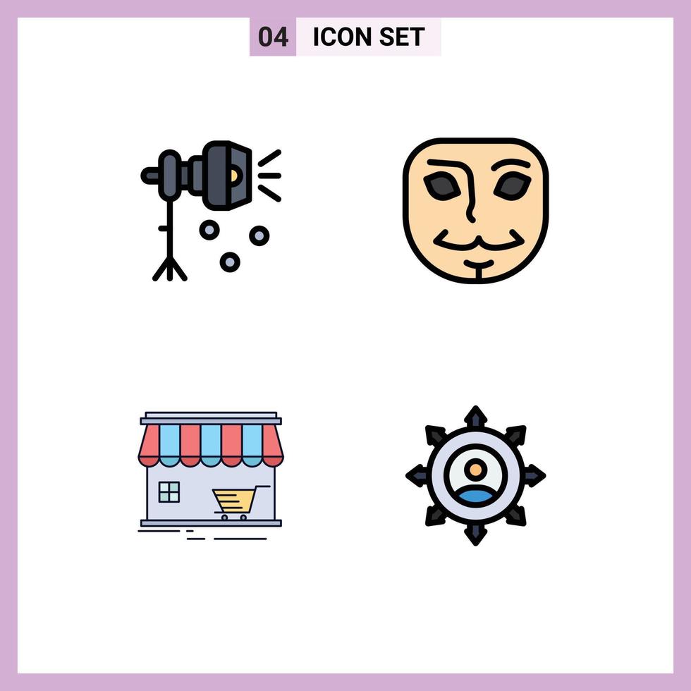 grupo de símbolos de ícone universal de 4 cores planas de linhas preenchidas modernas de iluminação loja holofote rosto construção elementos de design de vetores editáveis