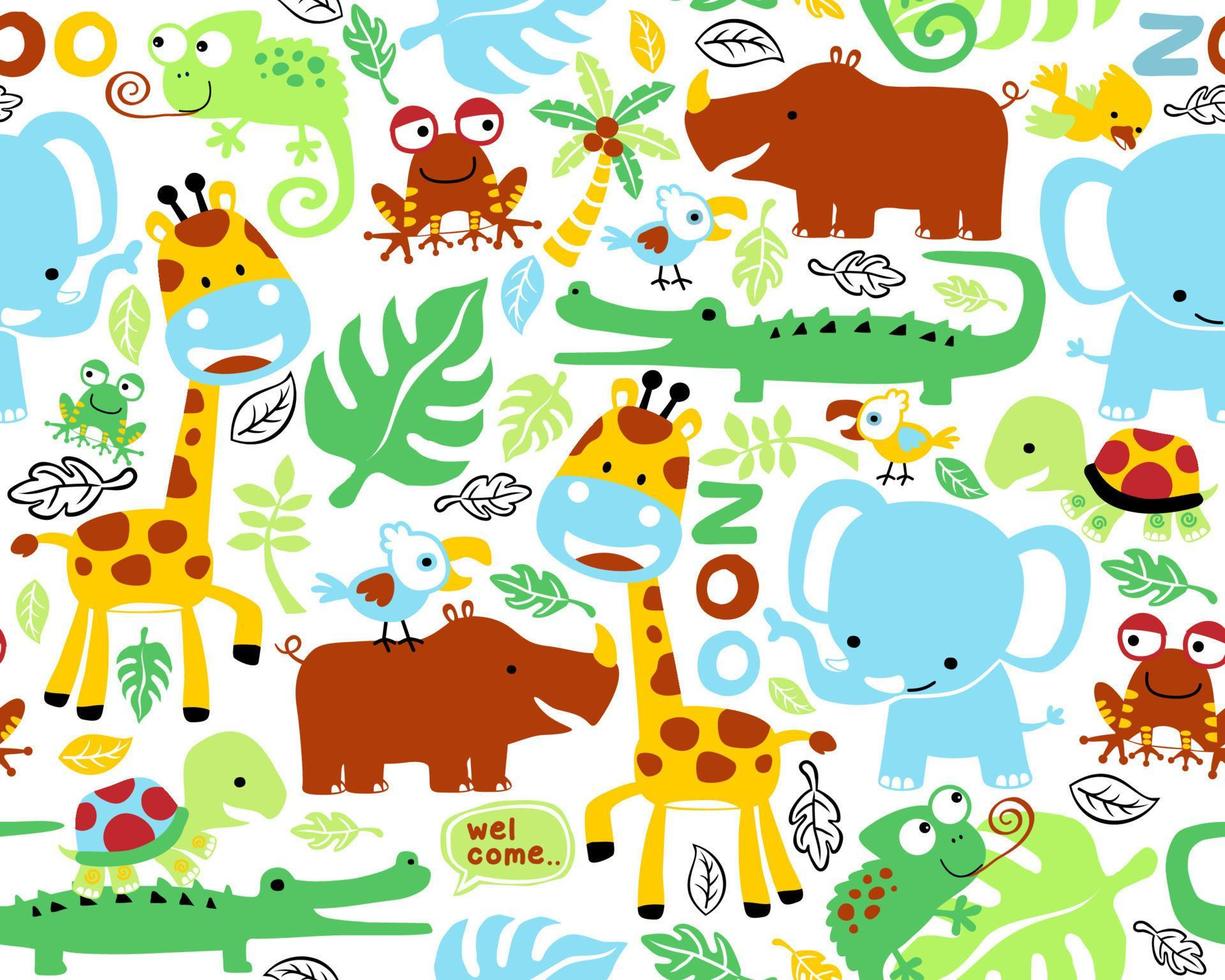 vetor de padrão perfeito de desenho animado de animais coloridos engraçados, ilustração de elementos da selva