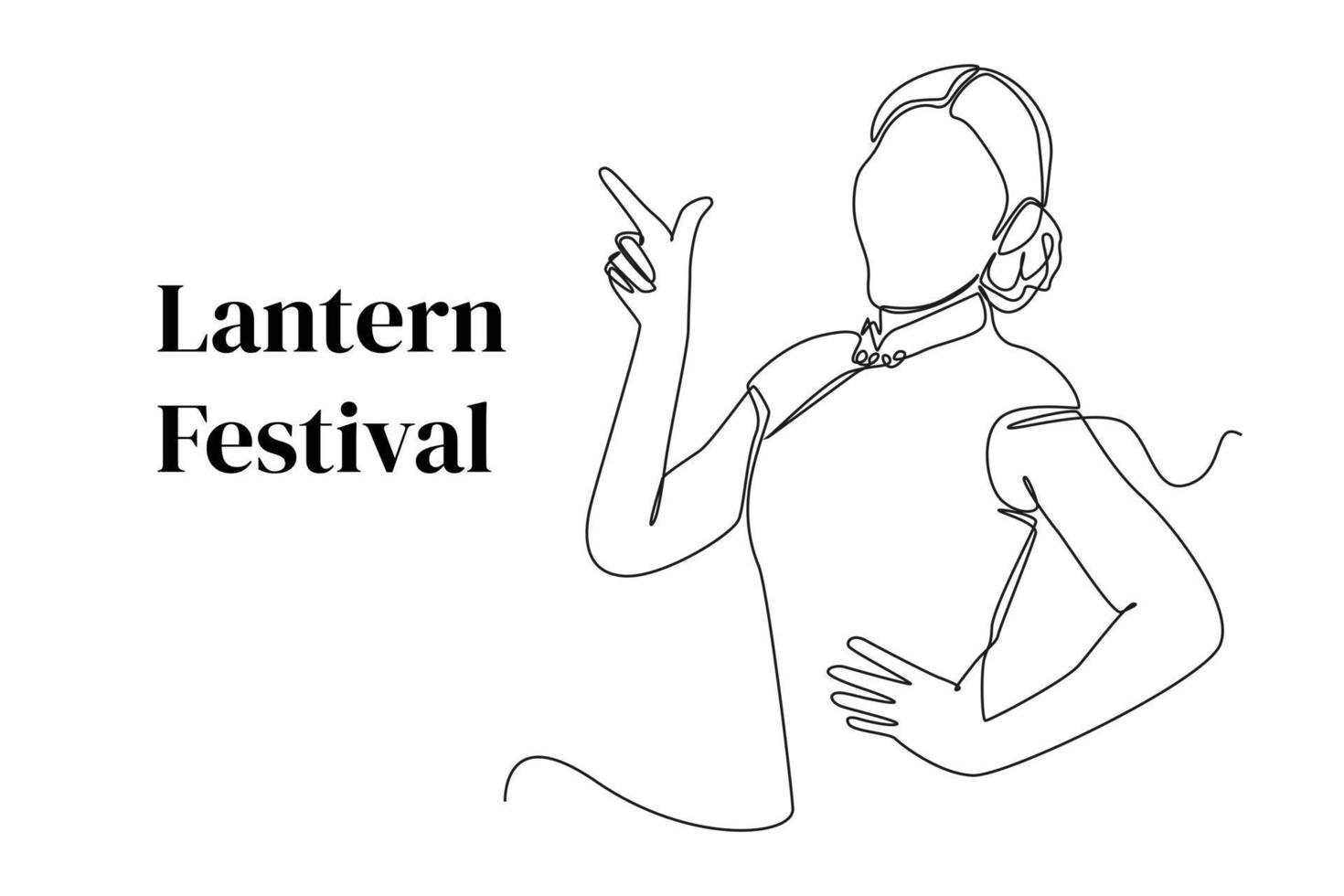 desenho contínuo de uma linha feliz jovem mulher asiática em roupas tradicionais chinesas celebra o festival das lanternas. conceito de festival de lanternas. única linha desenhar design gráfico ilustração vetorial. vetor