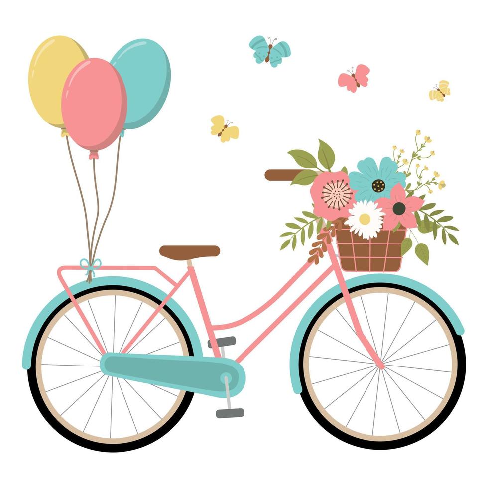 bicicleta turquesa primavera desenhada à mão com flores em uma cesta, borboletas e balões. isolado no fundo branco. ilustração vetorial. bicicleta retrô com flores coloridas em uma cesta. vetor