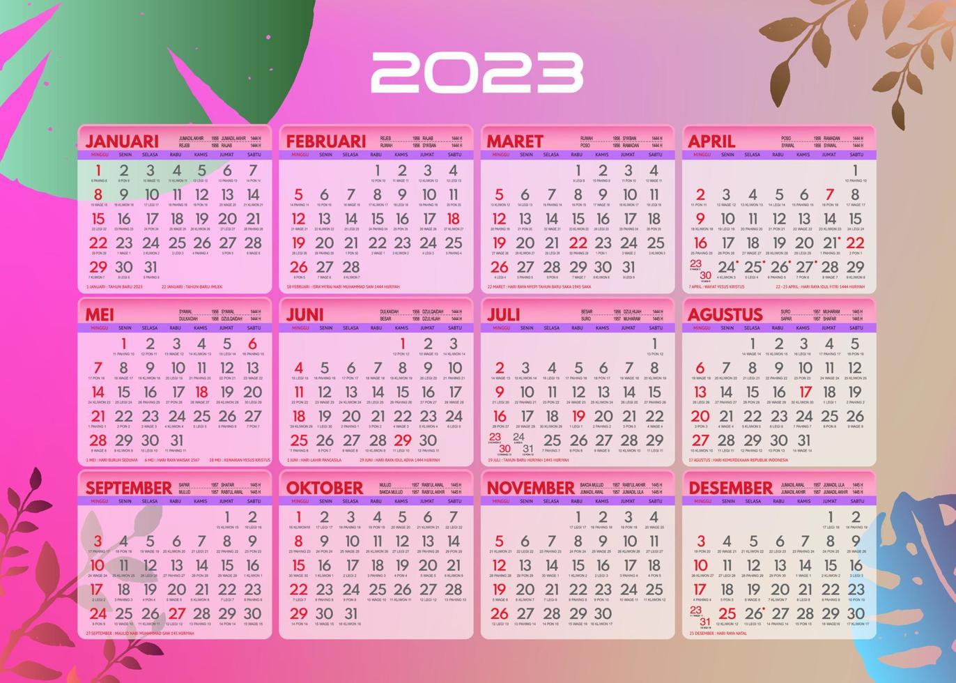 calendário de design para 2023, feriados nacionais indonésios completos e dias javaneses. vetor de design profissional