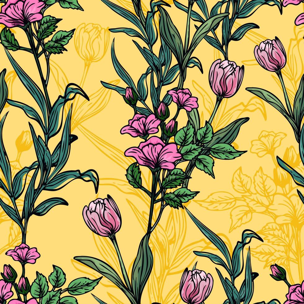 desenhado à mão elegante padrão colorido sem costura com ilustração de design floral botânico vetor