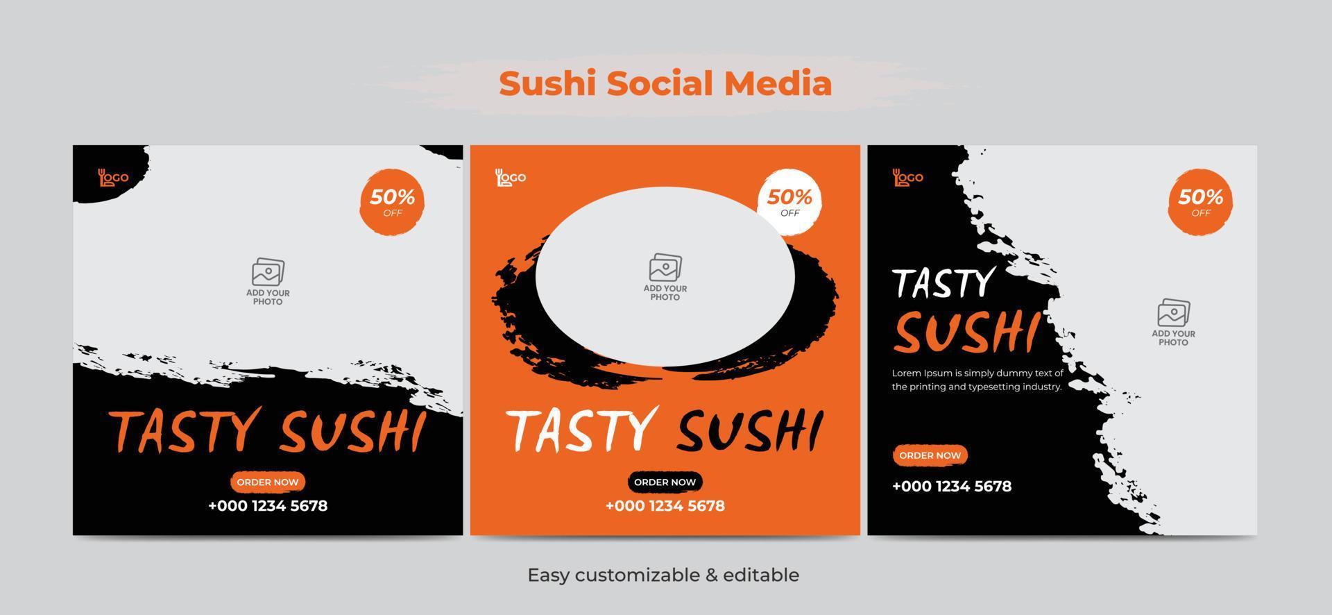 modelo de postagem de mídia social de sushi design de banner social quadrado de comida saborosa vetor