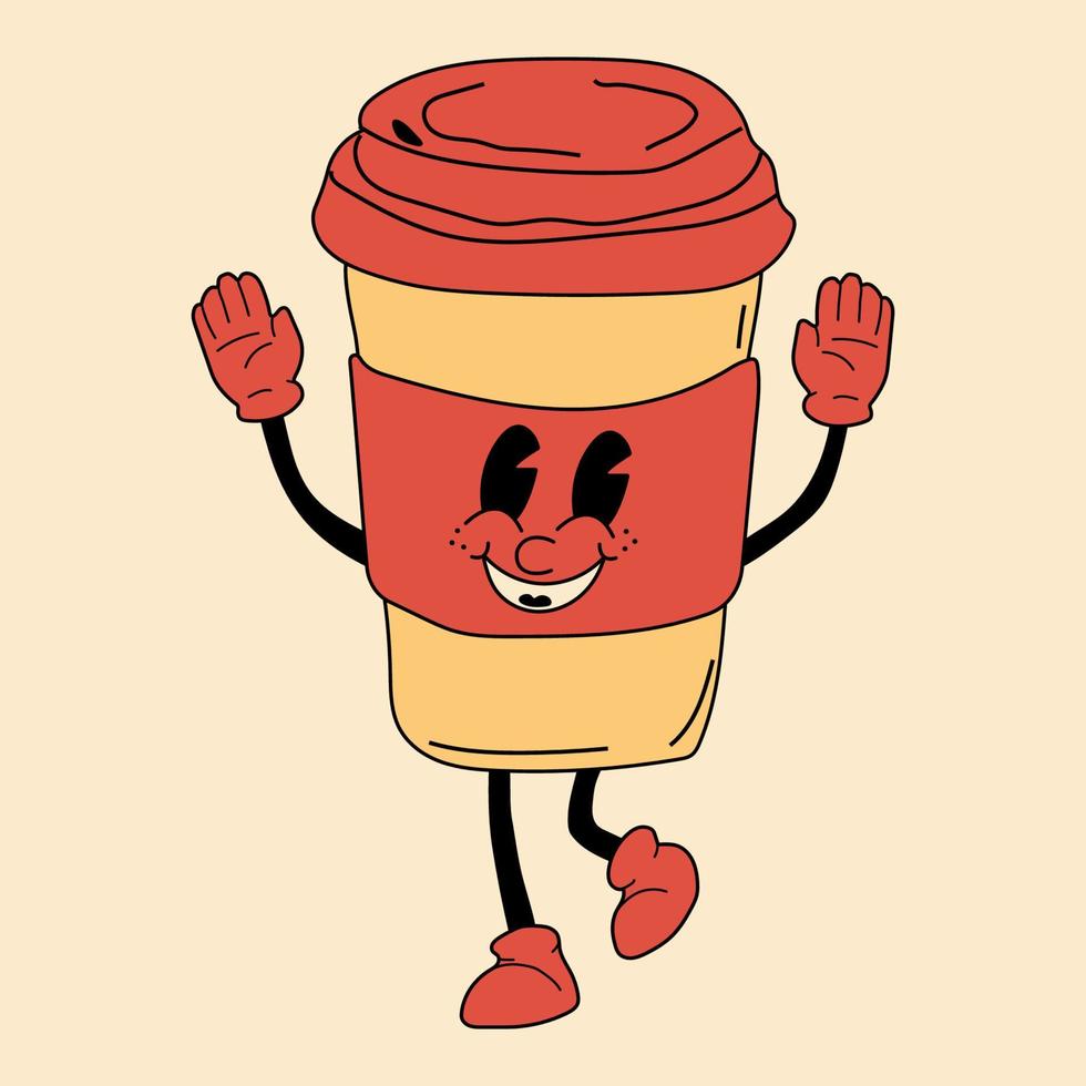 xícara de café retrô personagem mascote de desenho animado dos anos 30 -. Estilo de animação dos anos 40, 50 e 60. mão desenhada ilustração vetorial moderna. elemento de café isolado vetor